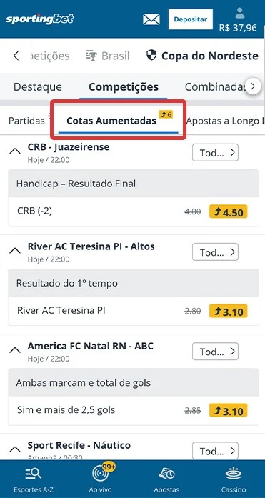 Captura de tela da área de Cotas Aumentadas em Futebol na Sportingbet utilizada para exemplificar oportunidade de mercado para a gestão de banca.