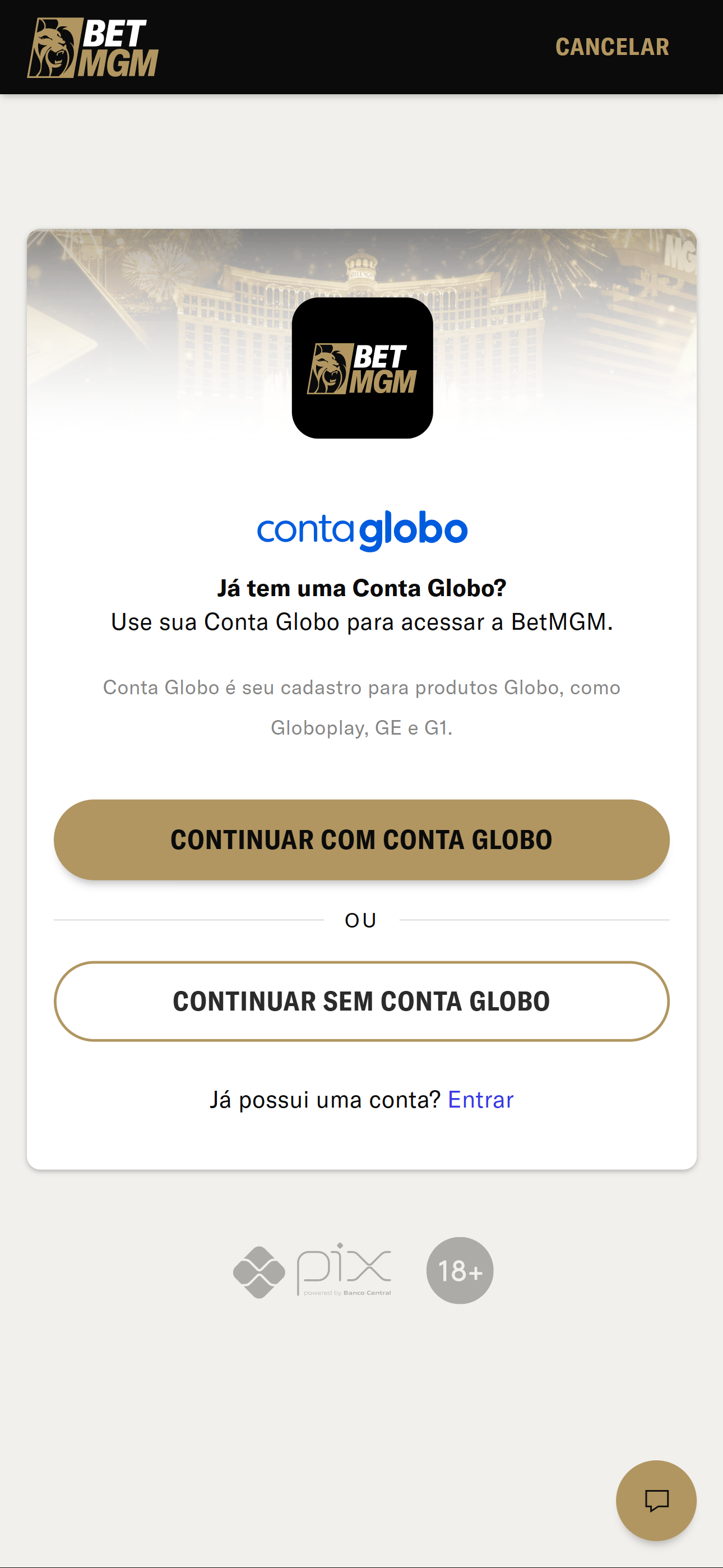 Cadastro BetMGM com Conta Globo.