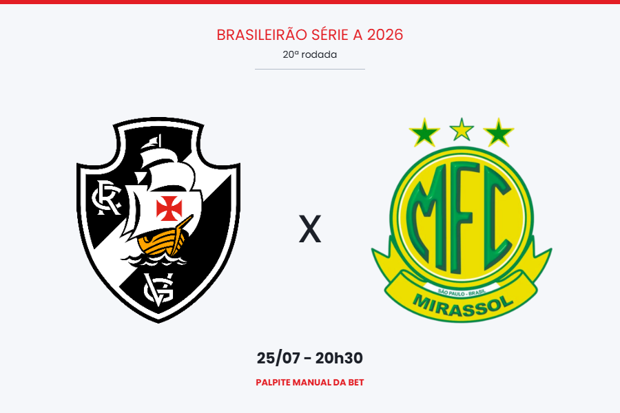 Vasco x Mirassol — palpite, odds e onde assistir pela 20ª rodada do Brasileirão 2026